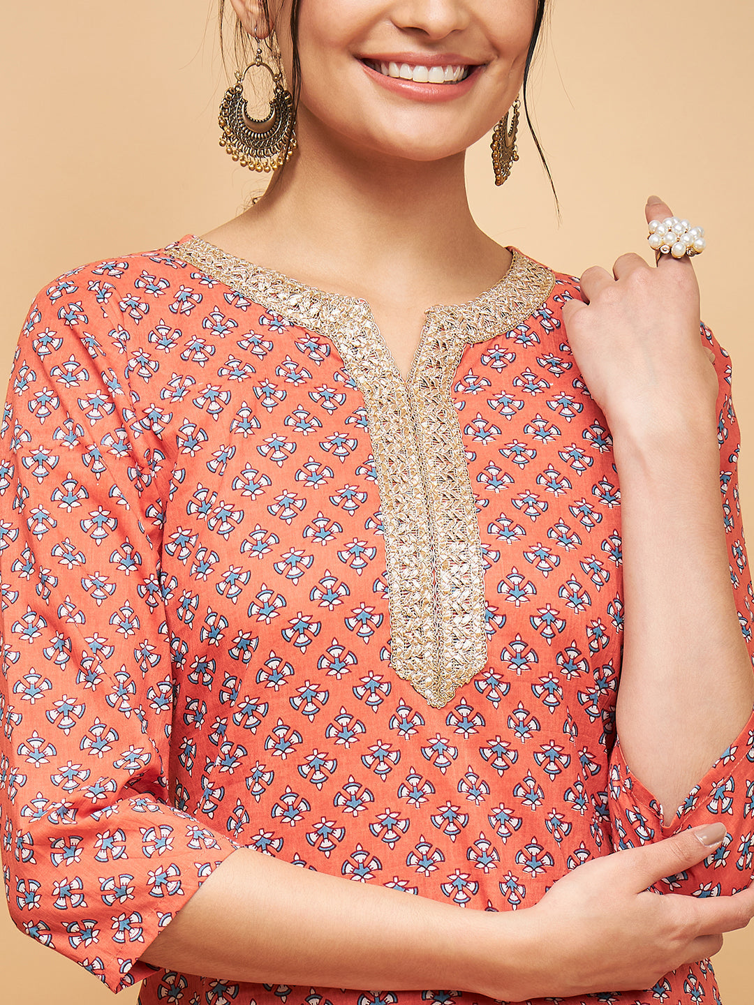 InWeave Women's Coral Blue Boota Print Gota Straight Kurta - Swadesiicart