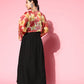 InWeave Women's Black Strappy Set With Red Pink Floral Short Organza Cape - Swadesiicart