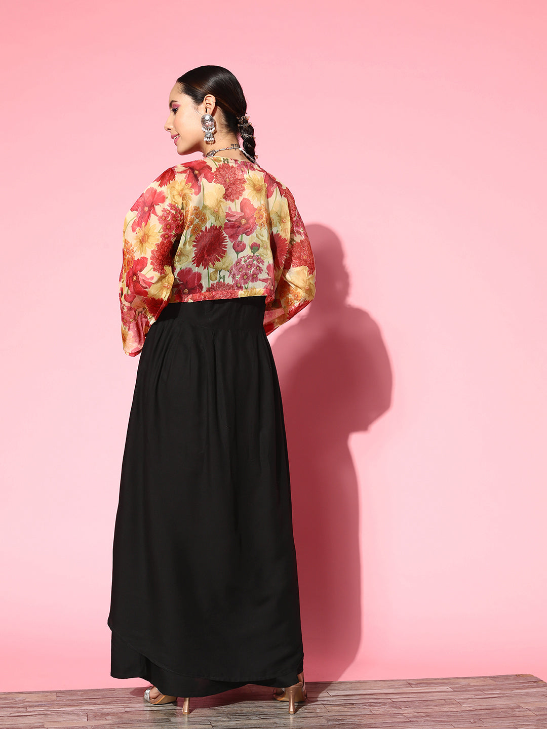 InWeave Women's Black Strappy Set With Red Pink Floral Short Organza Cape - Swadesiicart