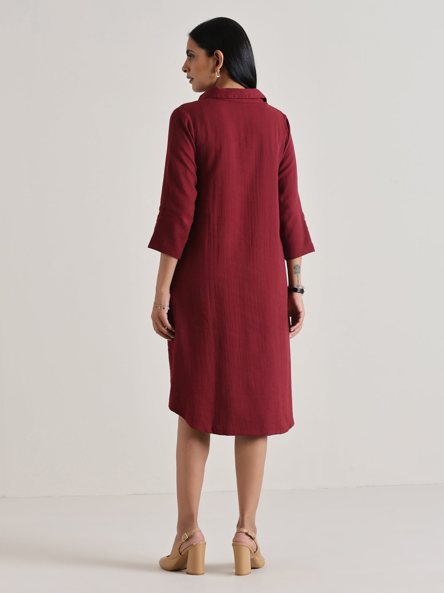 trueBrowns Maroon Short Collared Dress | Swadesiicart