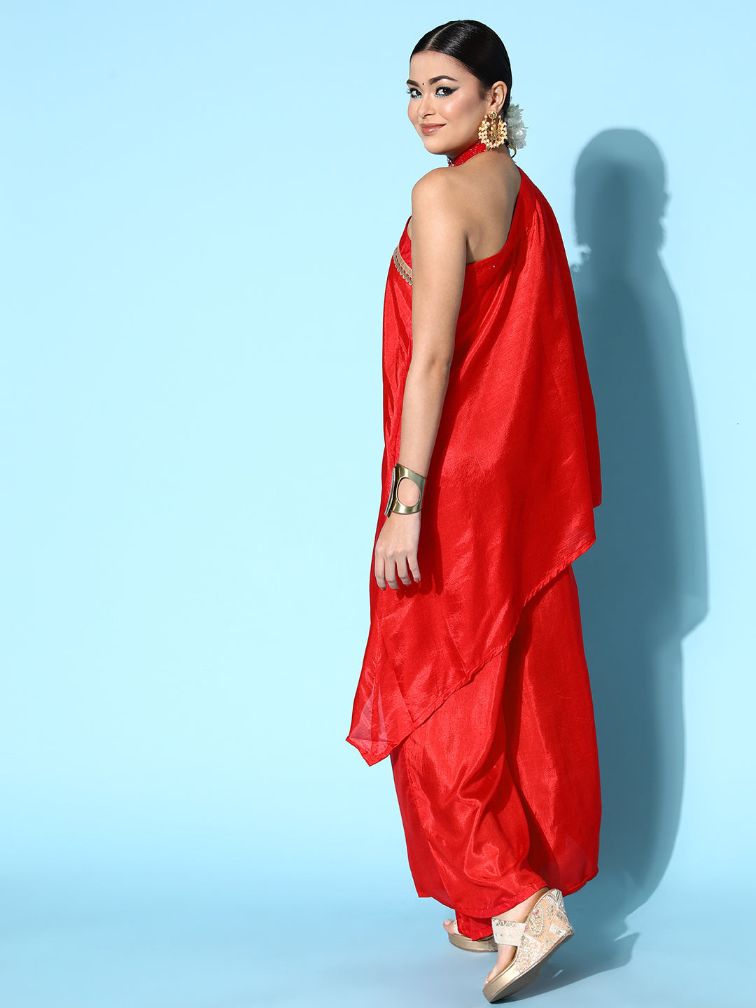 InWeave Women's Red One Shoulder Kurta Set With Gota Work - Swadesiicart