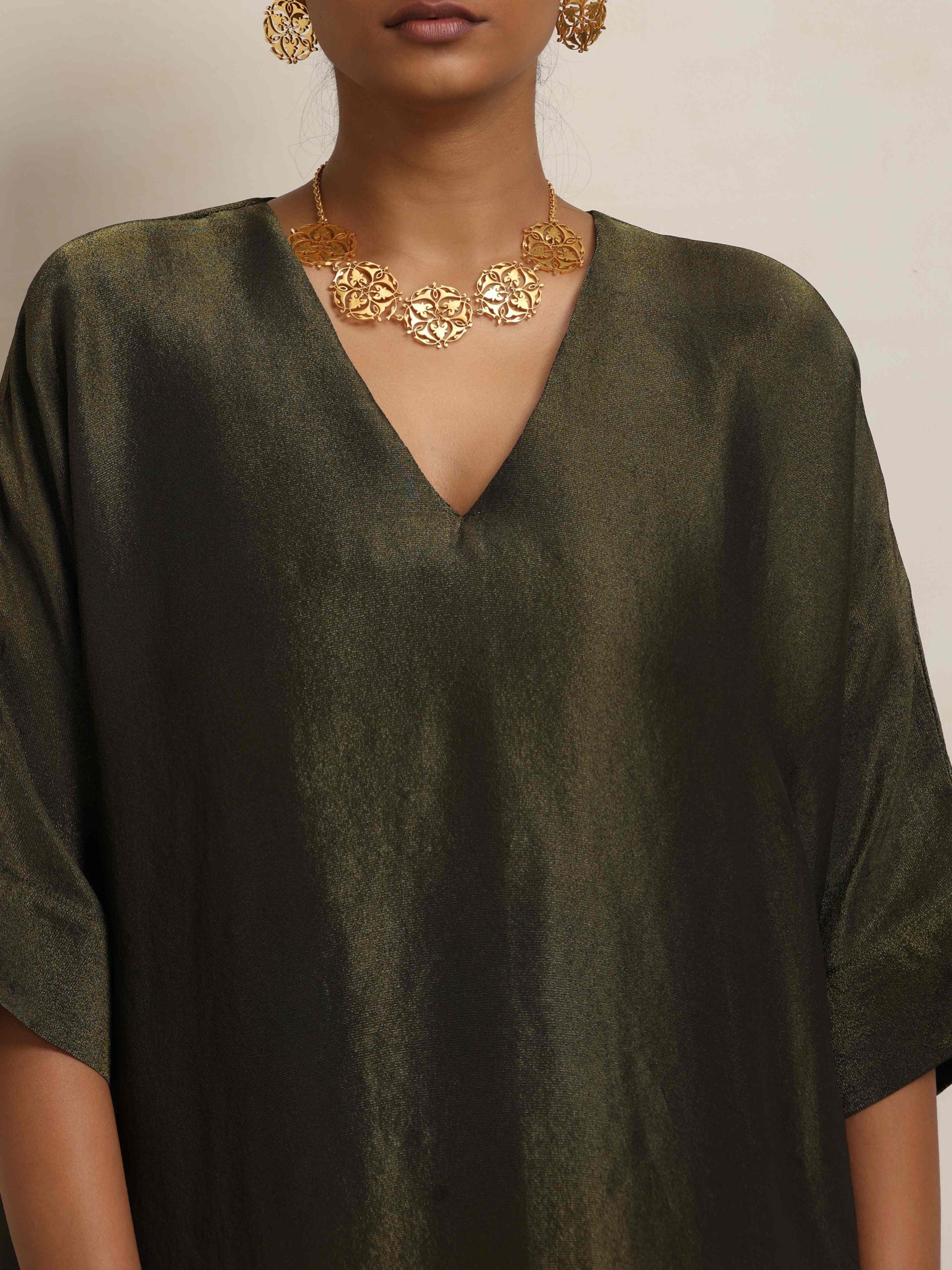 trueBrowns Olive Green Tissue Kurta Co-ord Set - Swadesiicart