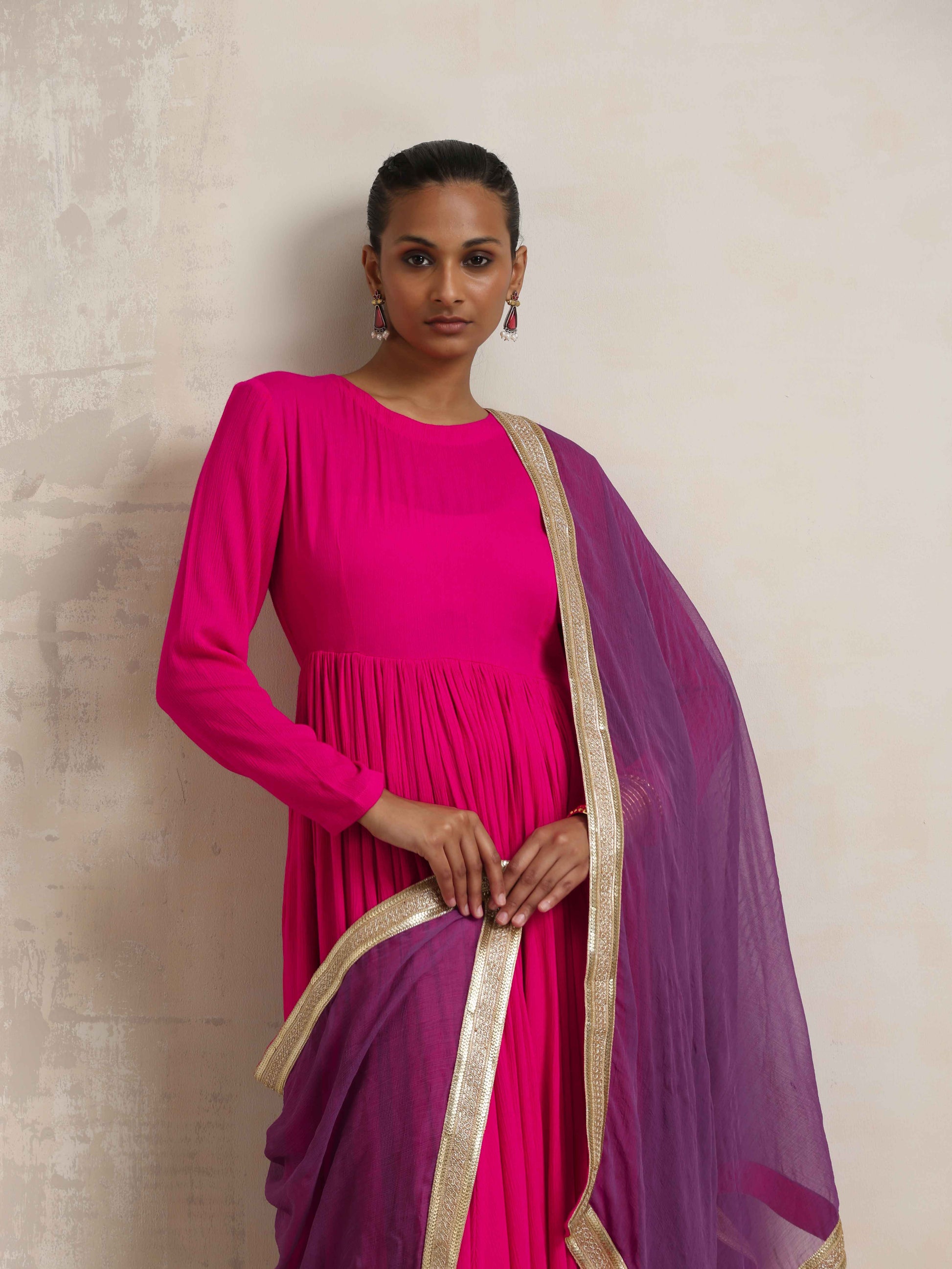 trueBrowns Pink Crinkle Anarkali Kurta Pant Dupatta Set | Swadesiicart