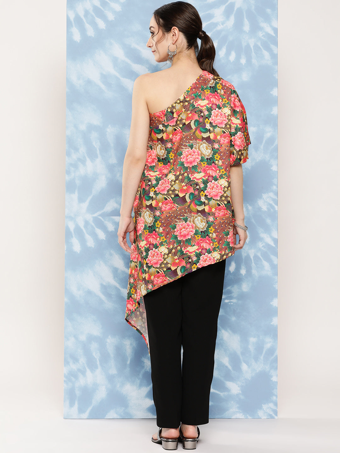 InWeave Women's Mutli Peacock Japanese Art Oneshoulder Top - Swadesiicart