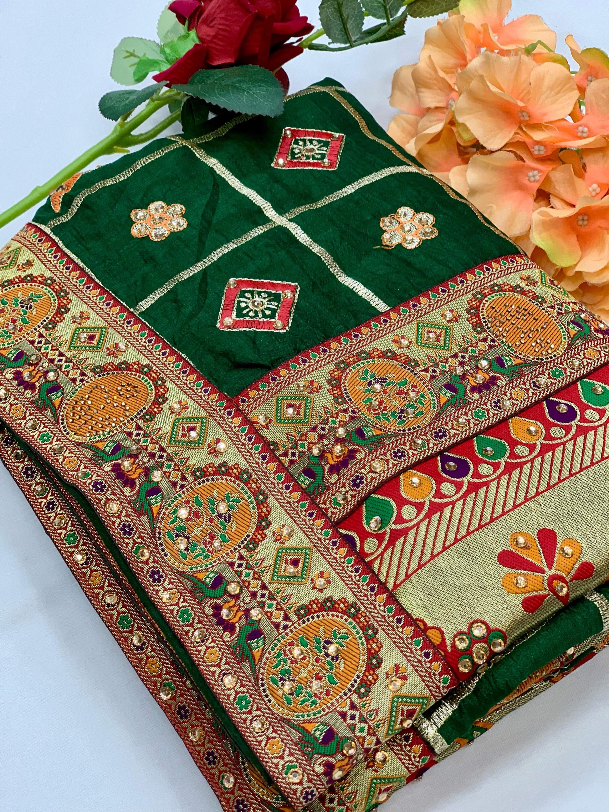 Lorenvalley Fashion Premium Green Vichitra Silk Embroidery and Diamond work Both Side Saree - Swadesiicart