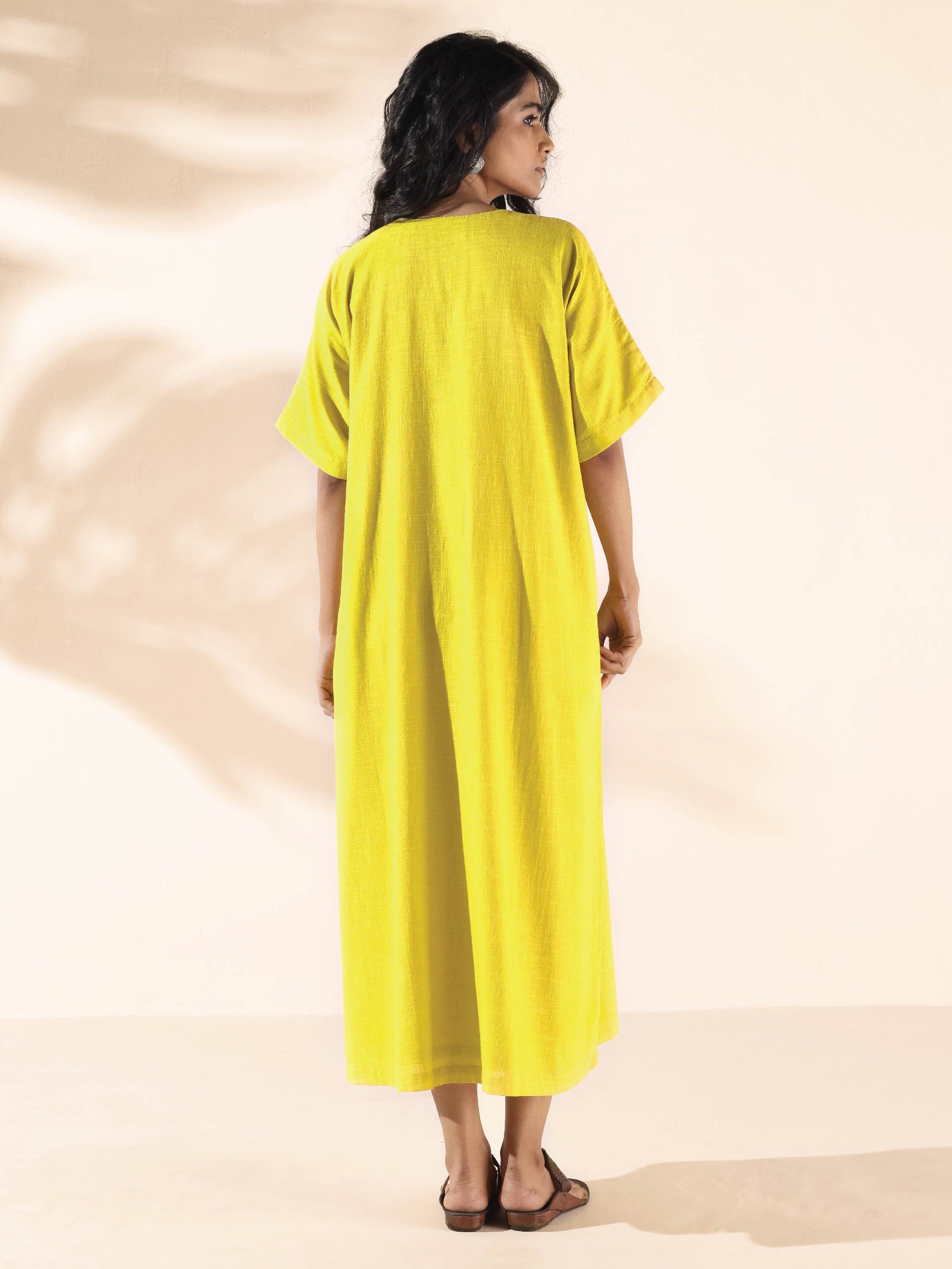 trueBrowns Lime Cotton Front Slit Dress | Swadesiicart