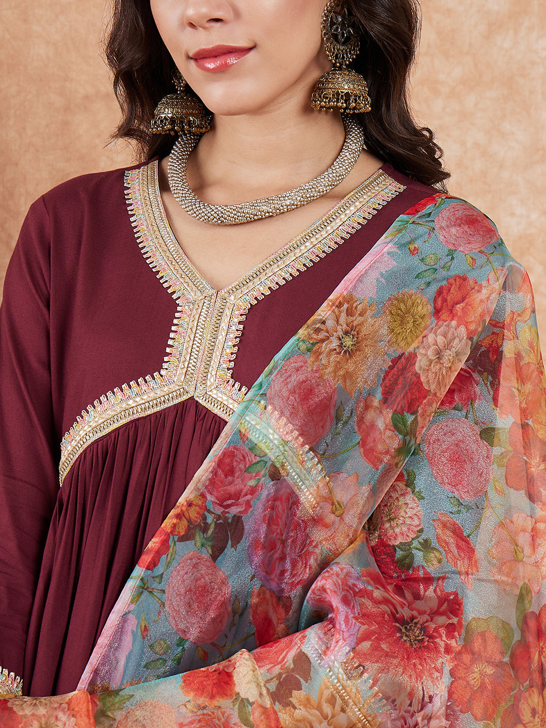InWeave Women's Dark Burgundy Alia Neck Style Gota Set W Organza Dupatta - Swadesiicart