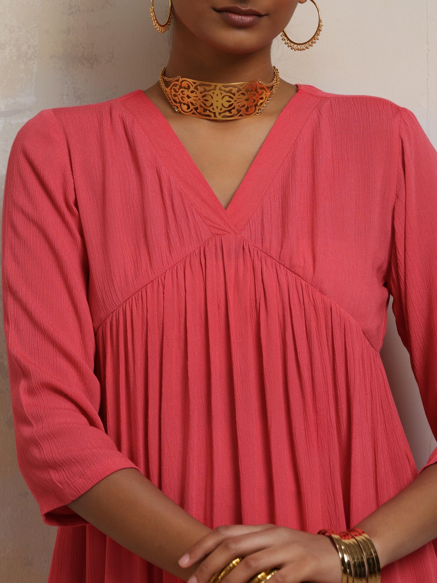 trueBrowns Peach Crinkle Flared Kurta Co-ord Set - Swadesiicart