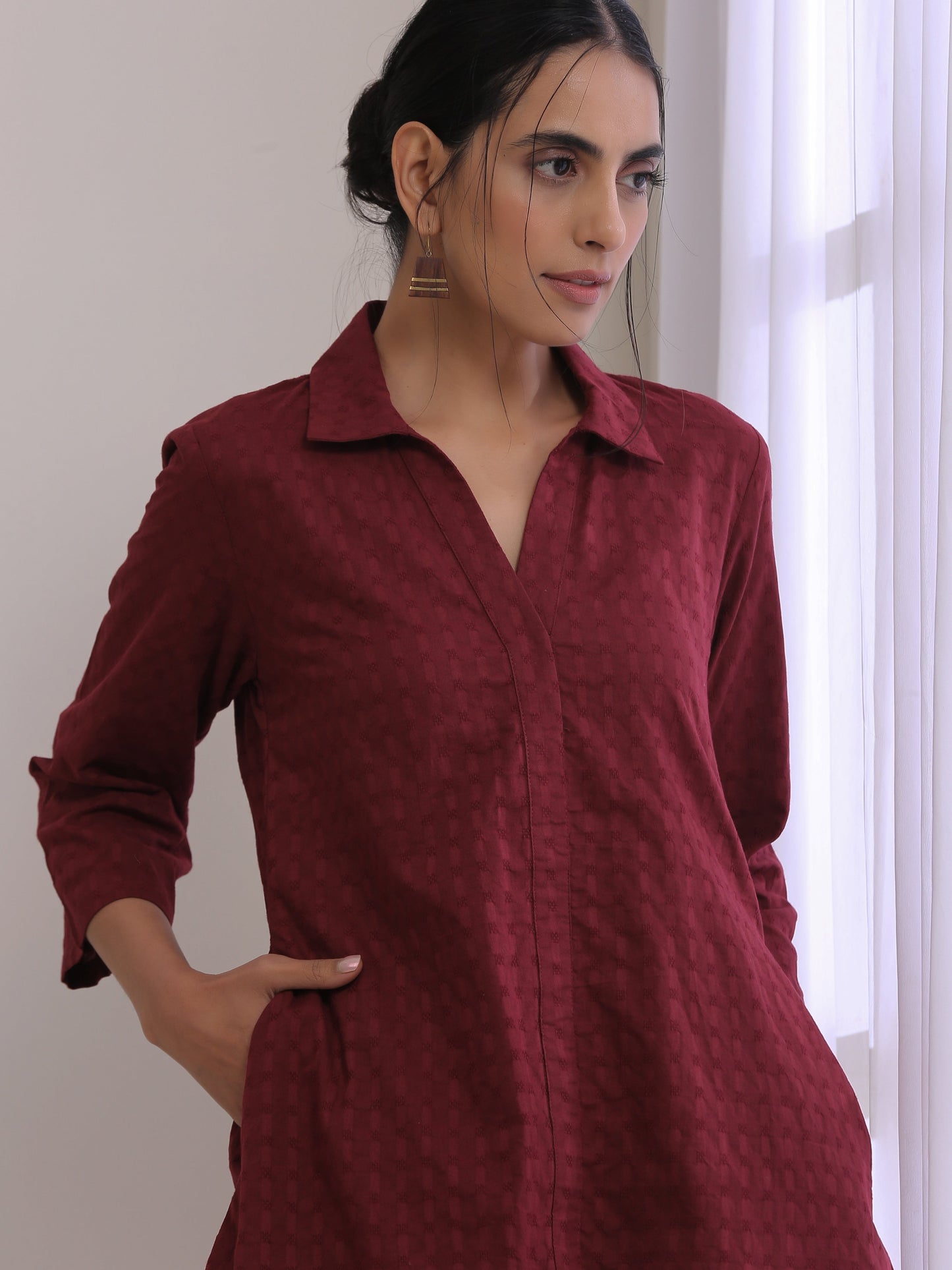trueBrowns Ruby Wine Dobby Collar Short Co-Ord Set - Swadesiicart