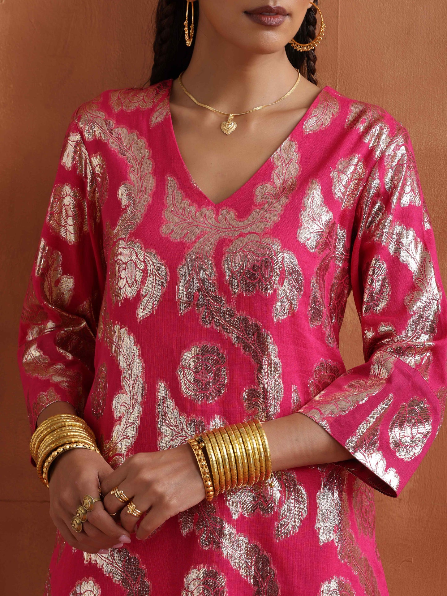 trueBrowns Pink Metallic Sharara Set | Swadesiicart