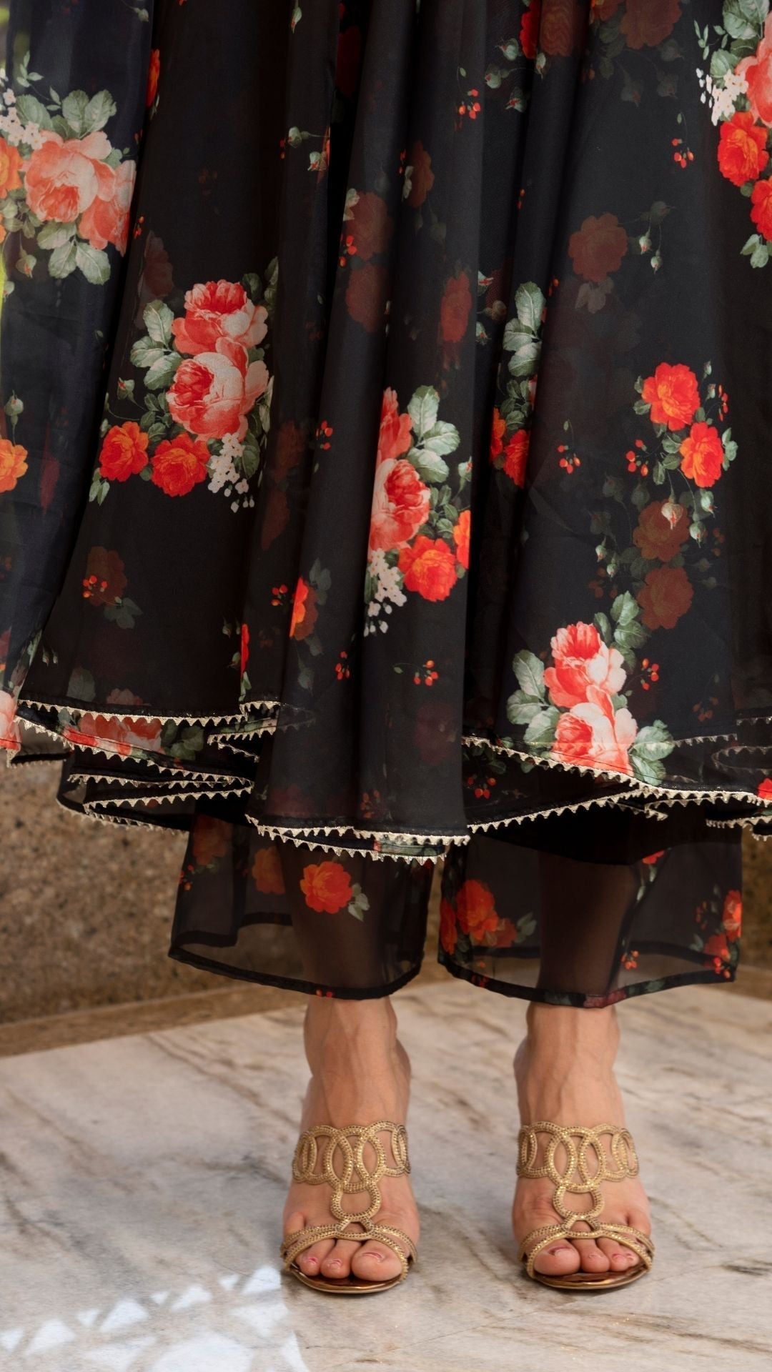 Pomcha Jaipur Red And Black Organza Anarkali Set | Swadesiicart