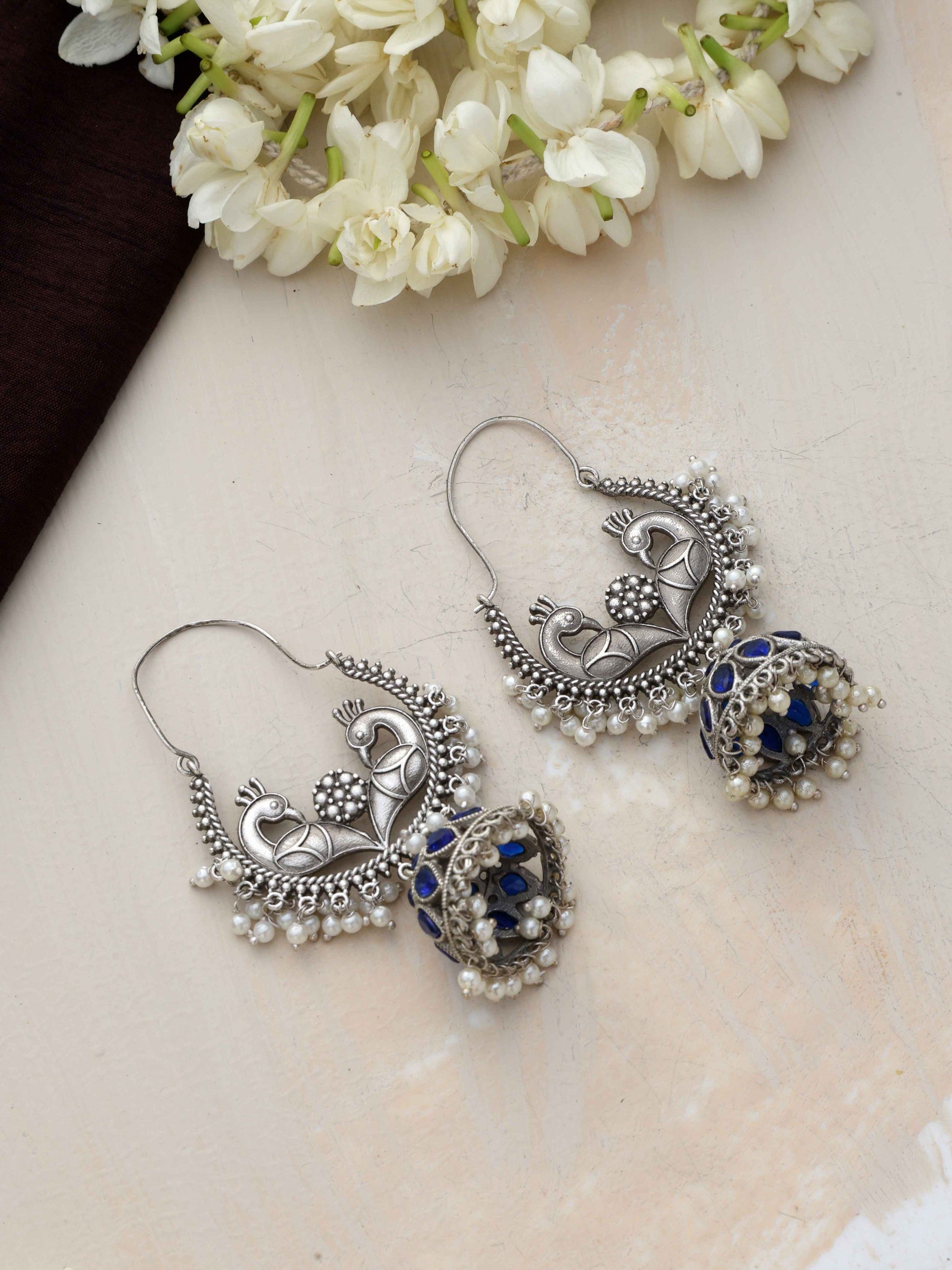 trueBrowns Silver Tone Peacock Jhumka Earrings - Swadesiicart