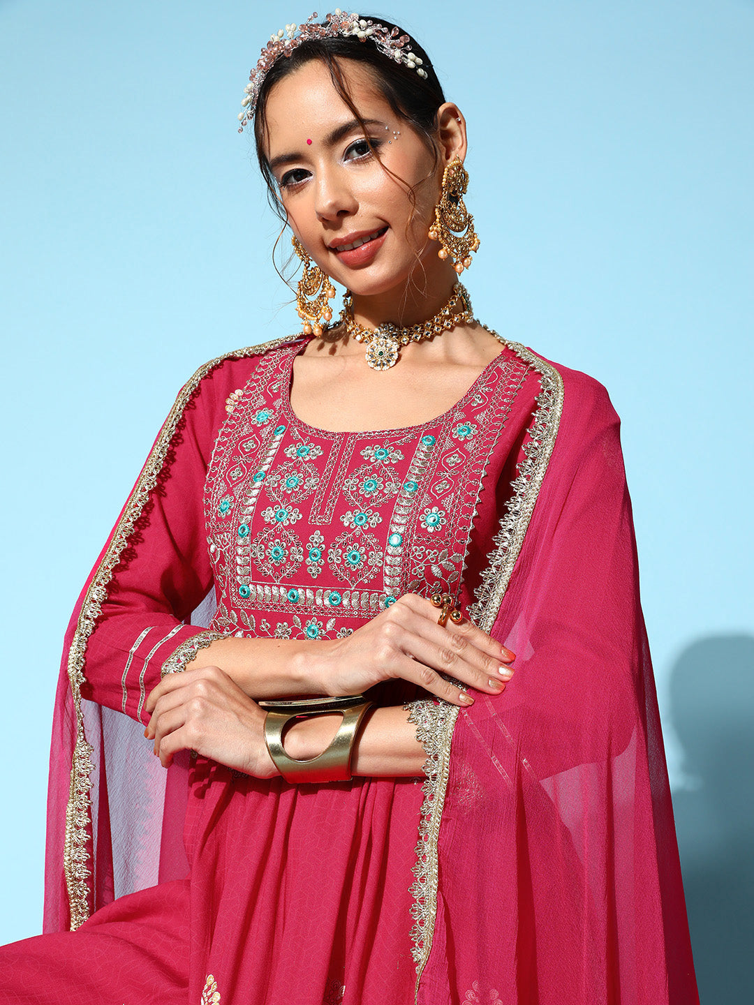 InWeave Women's Pink Nyra Cut Embroidered Kurta Set With Dupatta - Swadesiicart
