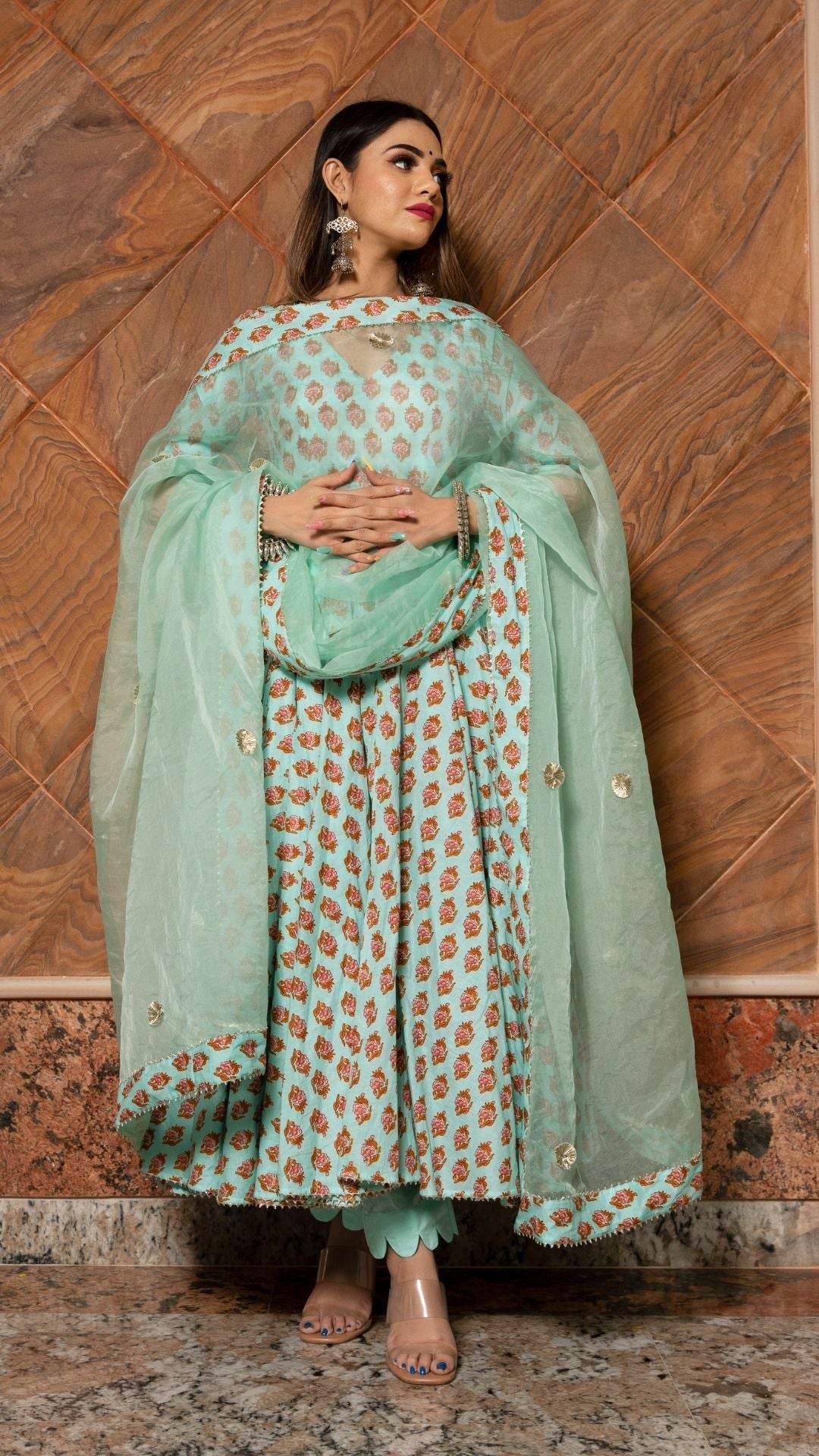 Pomcha Jaipur Lilly Of Valley Hand Block Anarkali Set | Swadesiicart