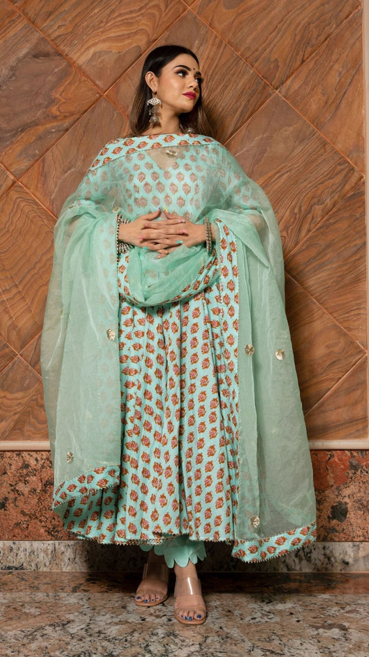 Pomcha Jaipur Lilly Of Valley Hand Block Anarkali Set | Swadesiicart