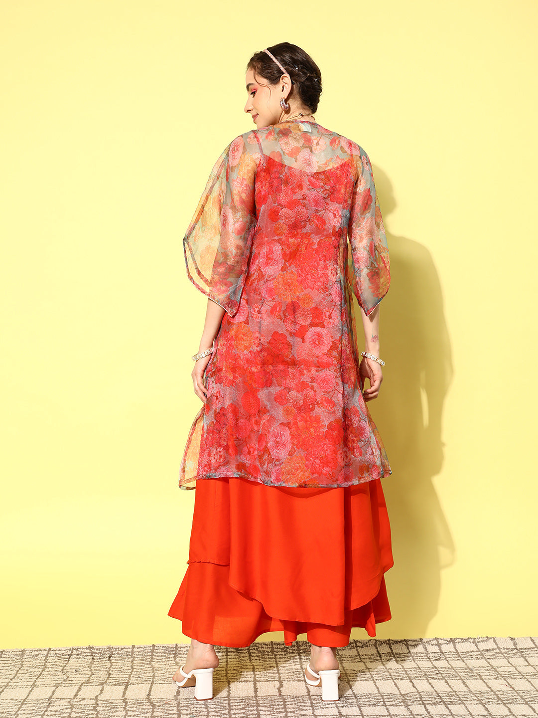 InWeave Women's Orange Strappy Set W Green Organza Cape - Swadesiicart