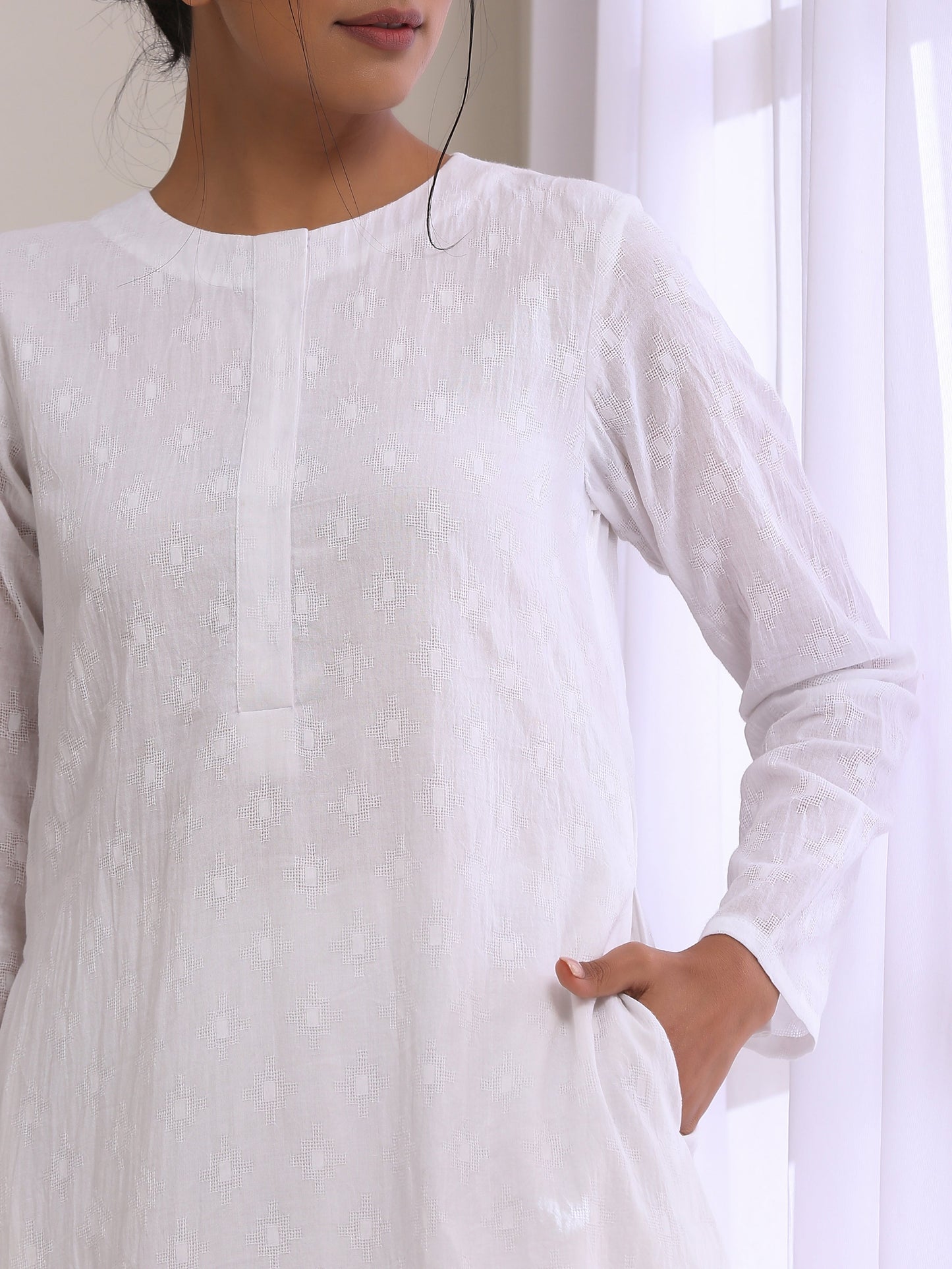 trueBrowns White Dobby Front Placket Co-Ord Set - Swadesiicart