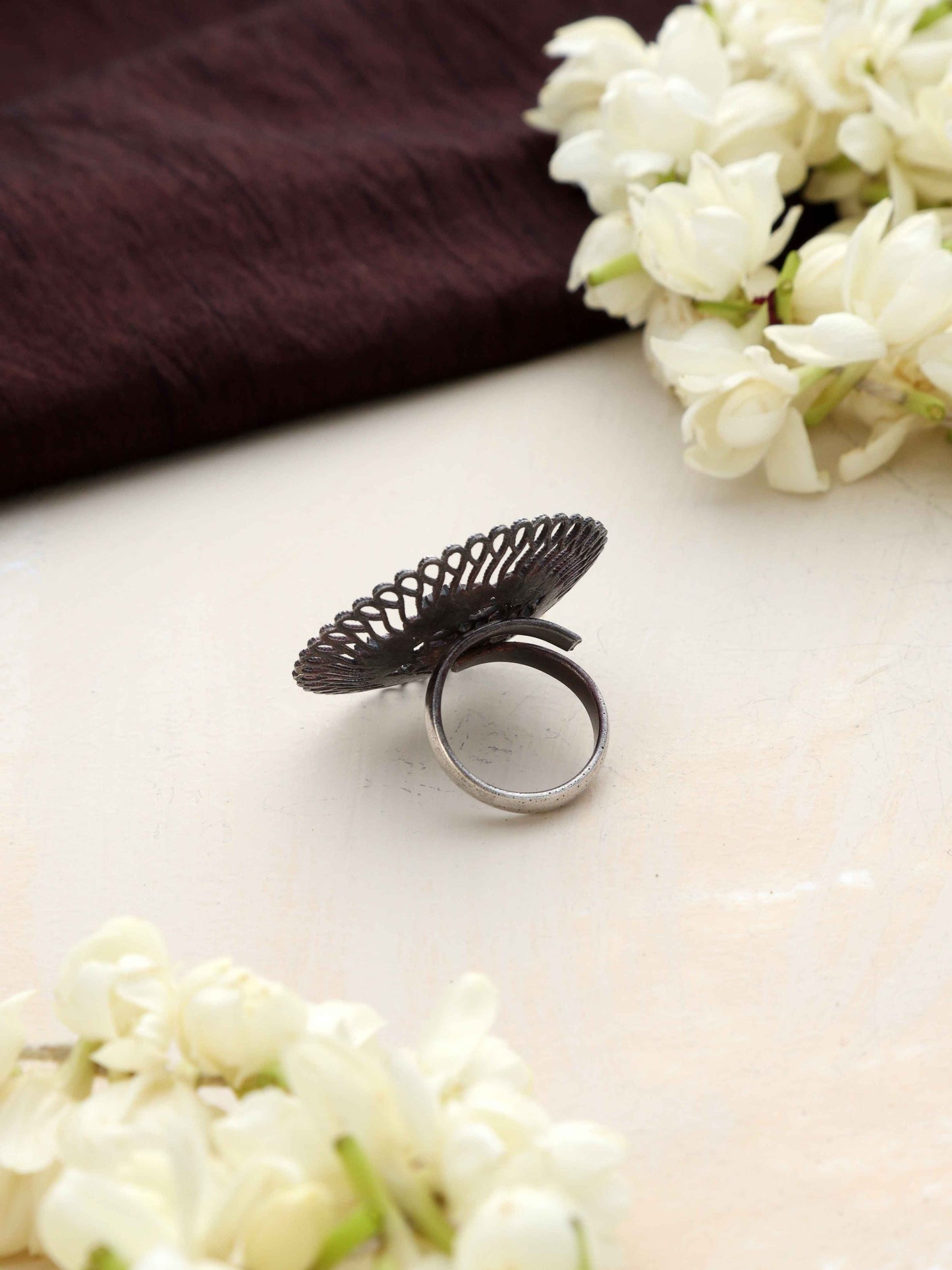 trueBrowns Silver Tone Floral Circular Ring | Swadesiicart