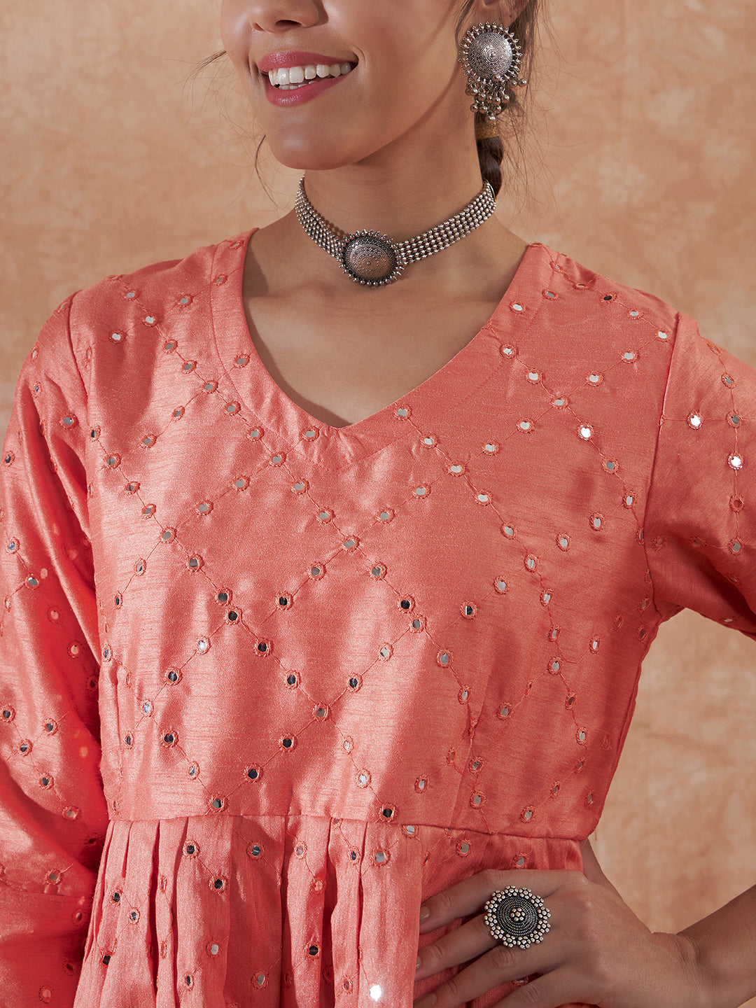 InWeave Women's Peach Mirror Work Long Anarkali Kurta - Swadesiicart