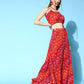 InWeave Women's Red Bandhej Crop Top With Skirt Set - Swadesiicart