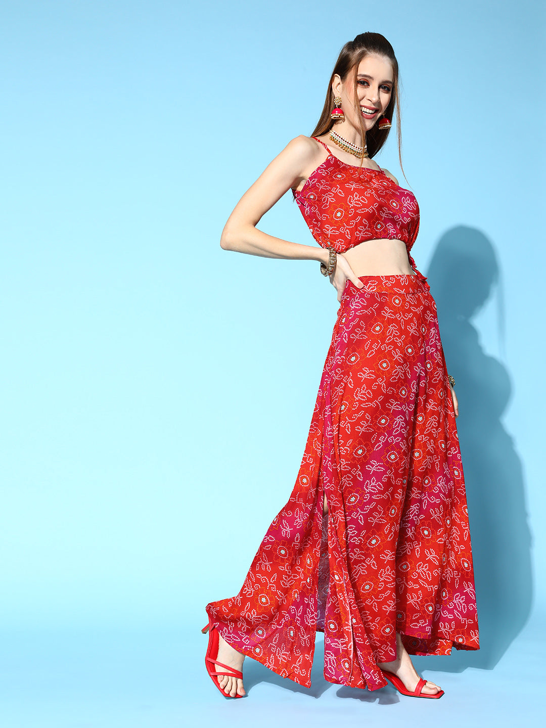 InWeave Women's Red Bandhej Crop Top With Skirt Set - Swadesiicart