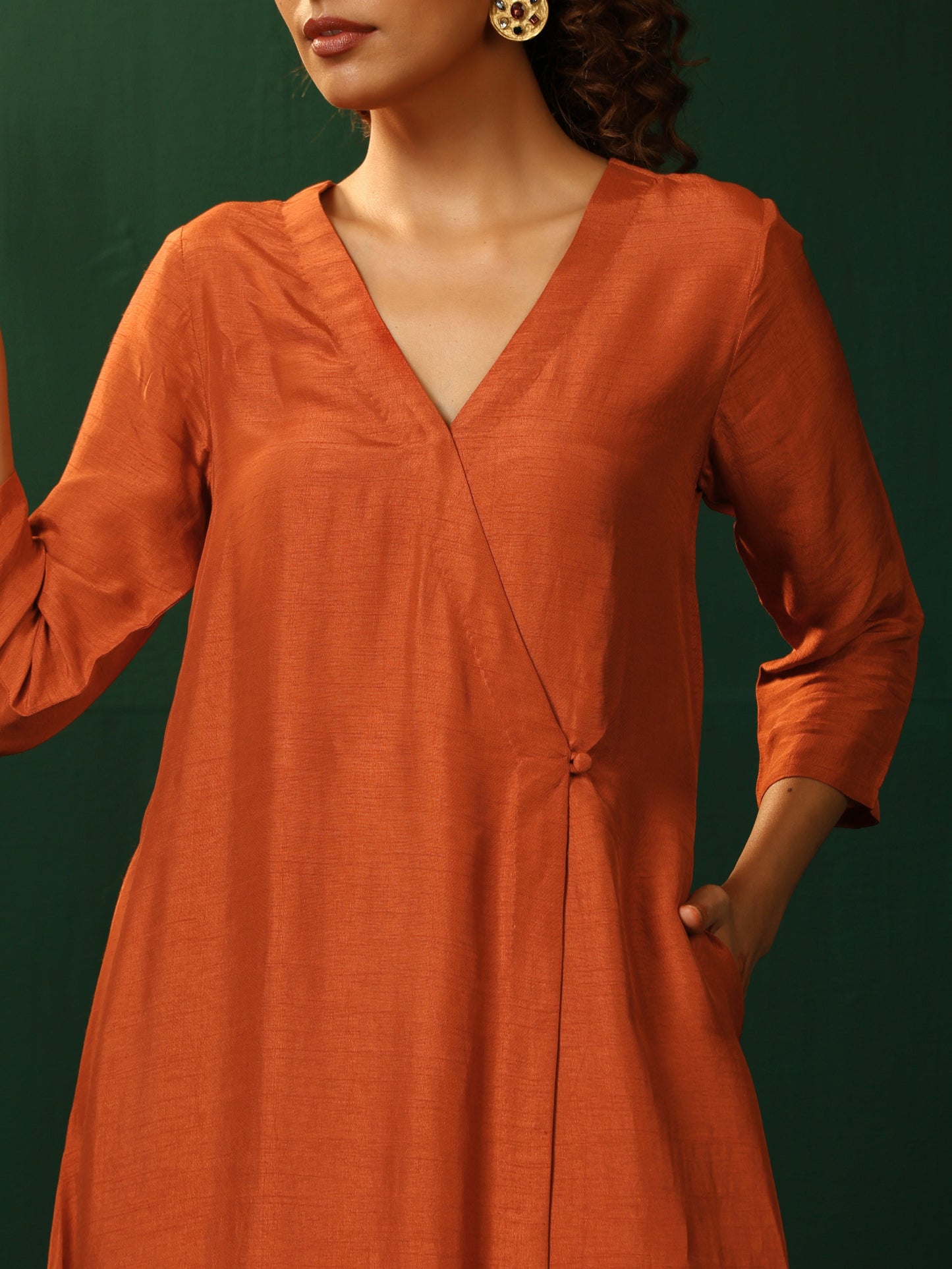 trueBrowns Rust Silk Angrakha Kurta Pant Set | Swadesiicart