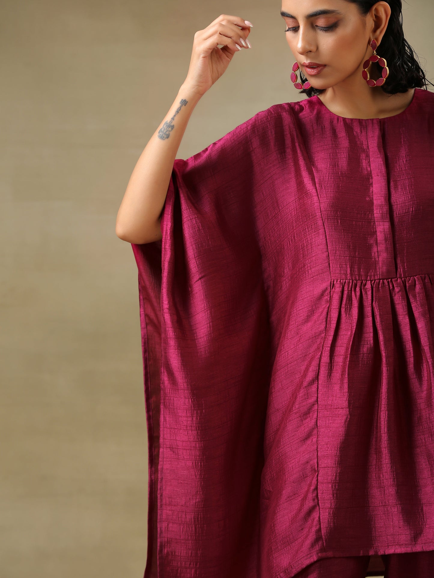 trueBrowns Purple Textured Silk Gathered Kaftan Co-Ord Set - Swadesiicart