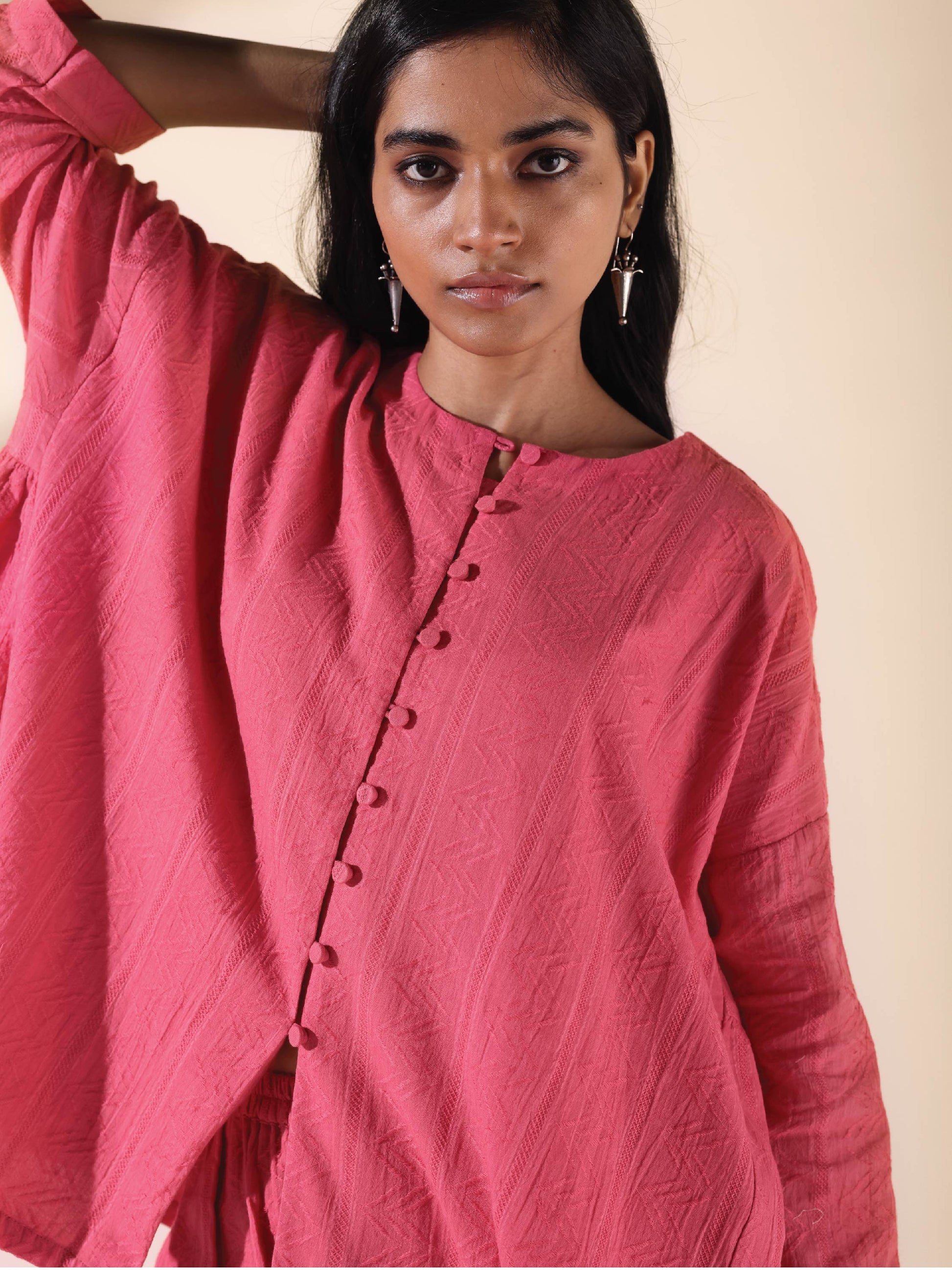 trueBrowns Pink Cotton Dobby Oversized Co-ord Set - Swadesiicart