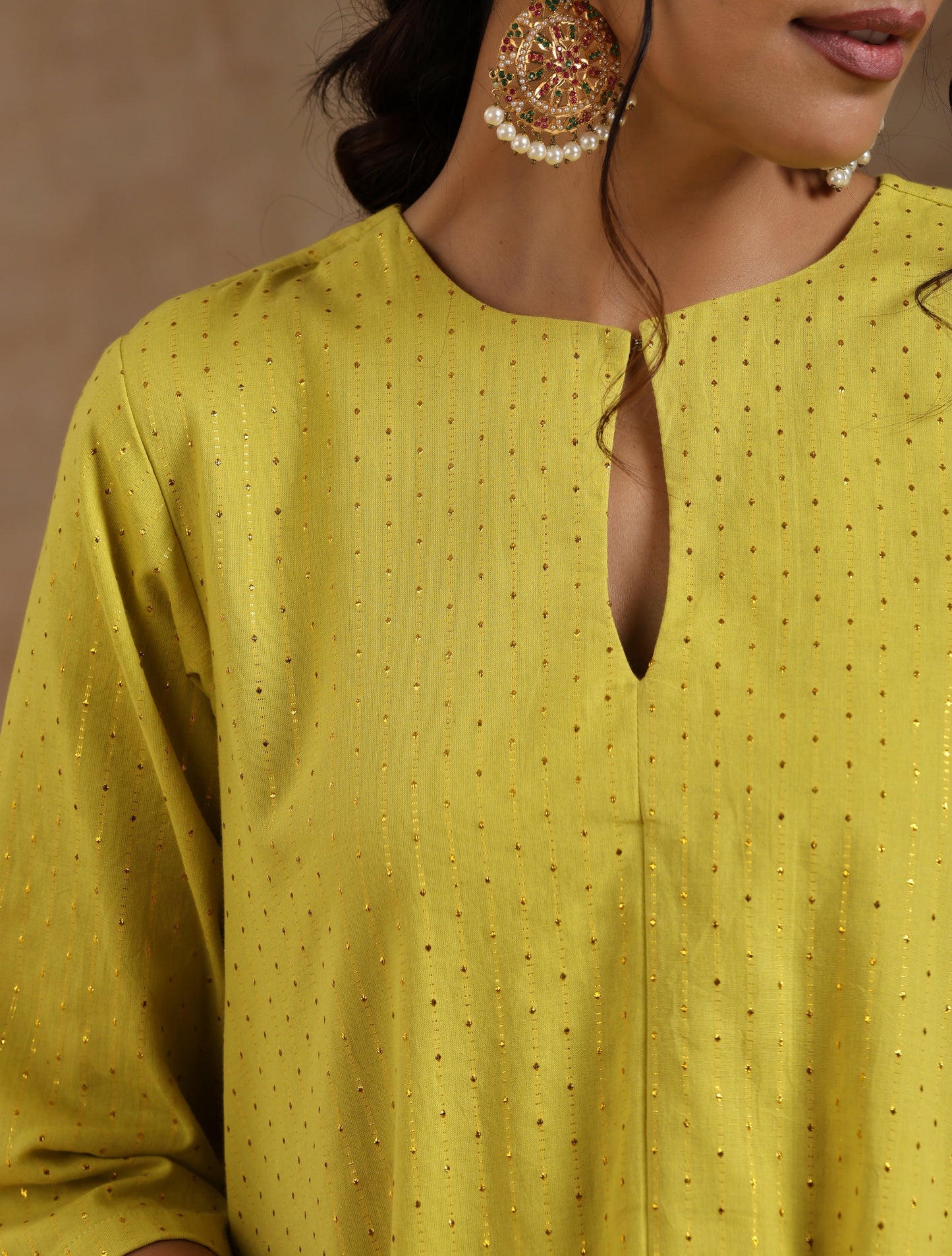 trueBrowns Lime Gold Cotton Handkerchief Kurta Set | Swadesiicart
