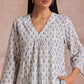 trueBrowns White With Teal Buta Block Print Cotton Front Neck Gathered Kurta Pant Set | Swadesiicart
