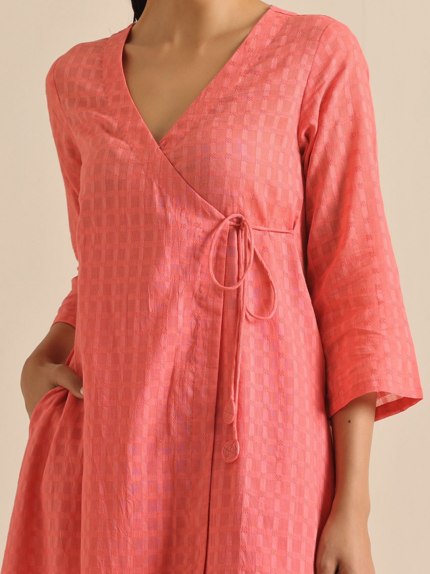 trueBrowns Bright Pink Dobby Angrakha Kurta Pant Set | Swadesiicart