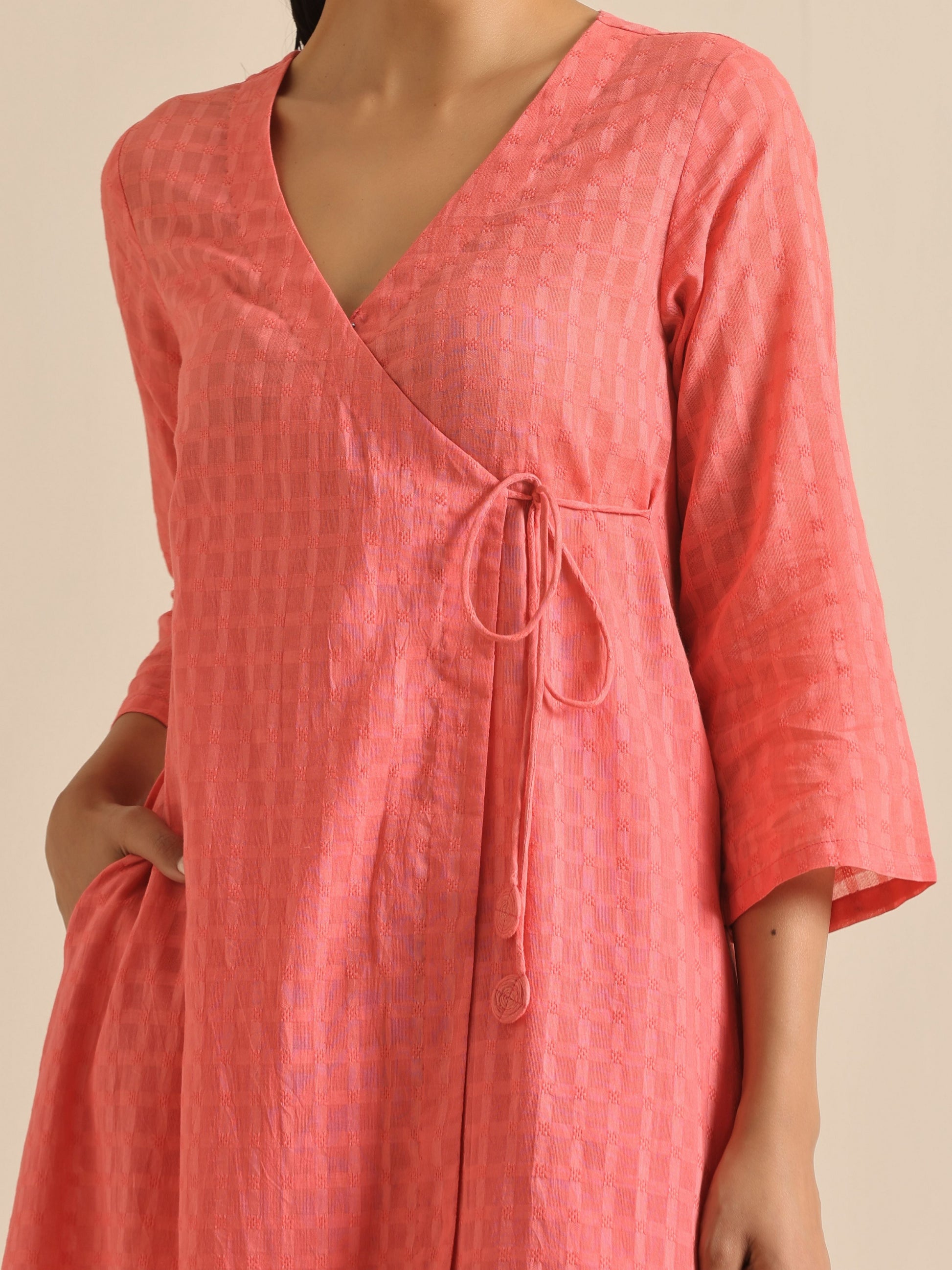 trueBrowns Bright Pink Dobby Angrakha Kurta Pant Set | Swadesiicart