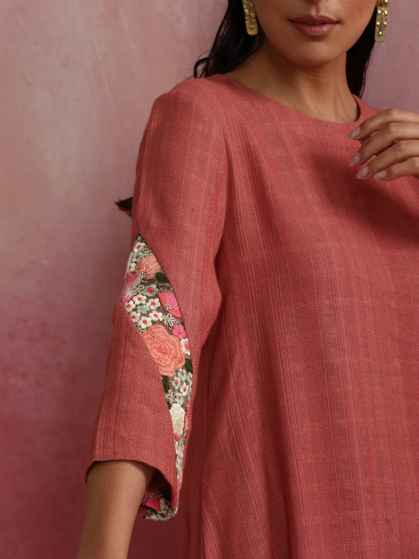trueBrowns Peach Cotton Dobby Kurta Set | Swadesiicart