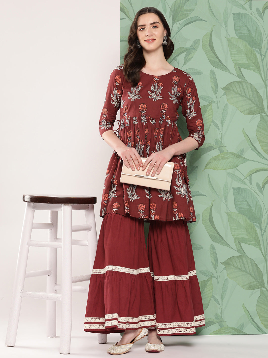 InWeave Women's Brick Rust Boota Sharara Set - Swadesiicart