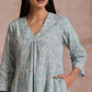 trueBrowns Tiffany Blue Floral Block Print Cotton Front Neck Gathered Kurta Pant Set | Swadesiicart