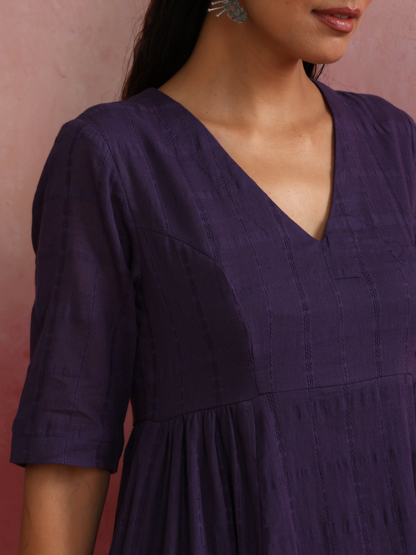 trueBrowns Purple Cotton Dobby Dress | Swadesiicart