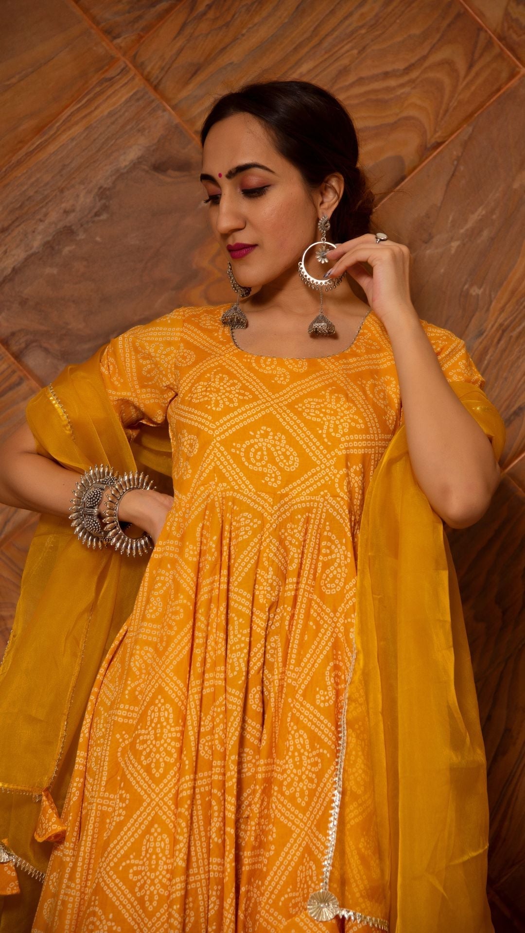 Pomcha Jaipur Bandhej Yellow Cotton Anarkali Set | Swadesiicart