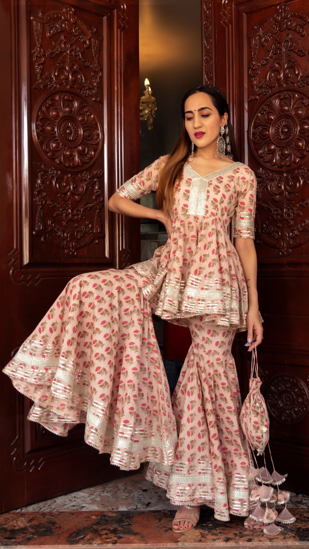 Pomcha Jaipur Peach Hand Block Cotton Sharara Set | Swadesiicart