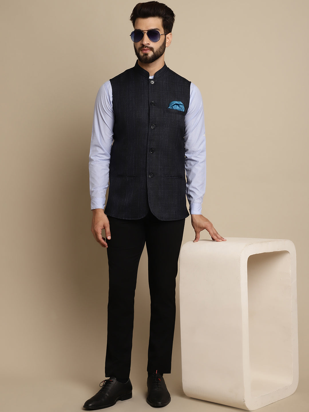 Even Apparels Men's Blue Mandarin Collar Waistcoat | Swadesiicart