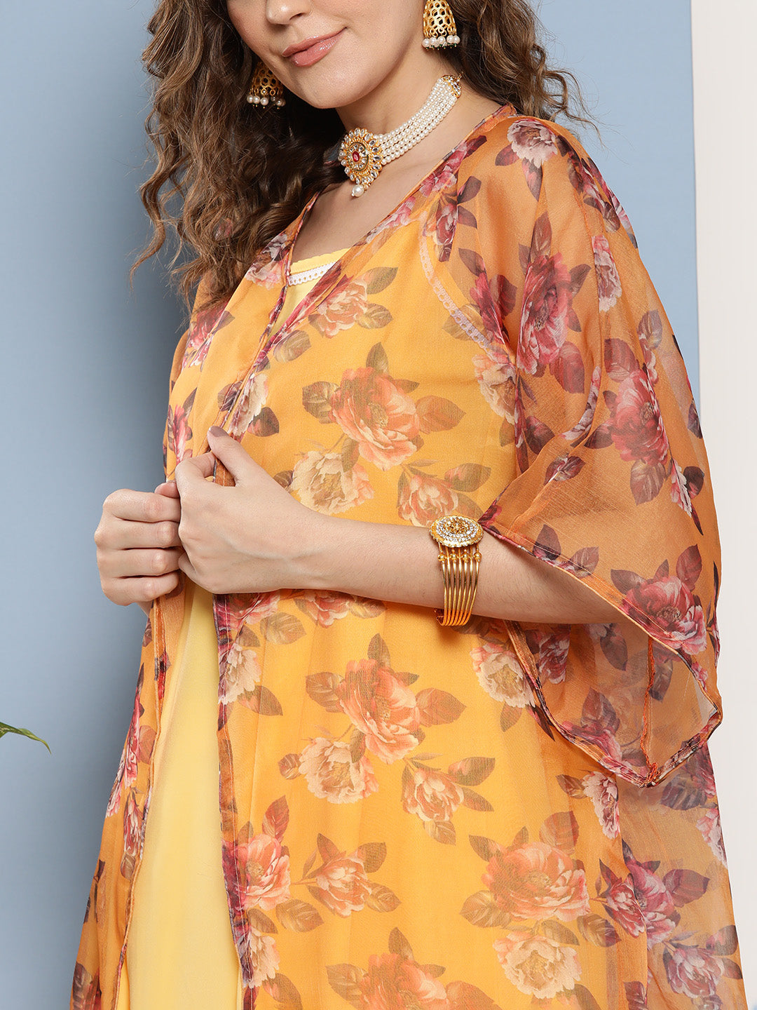 InWeave Women's Cassatta Yellow Cr Strappy Set With Mustard Brown Cape - Swadesiicart