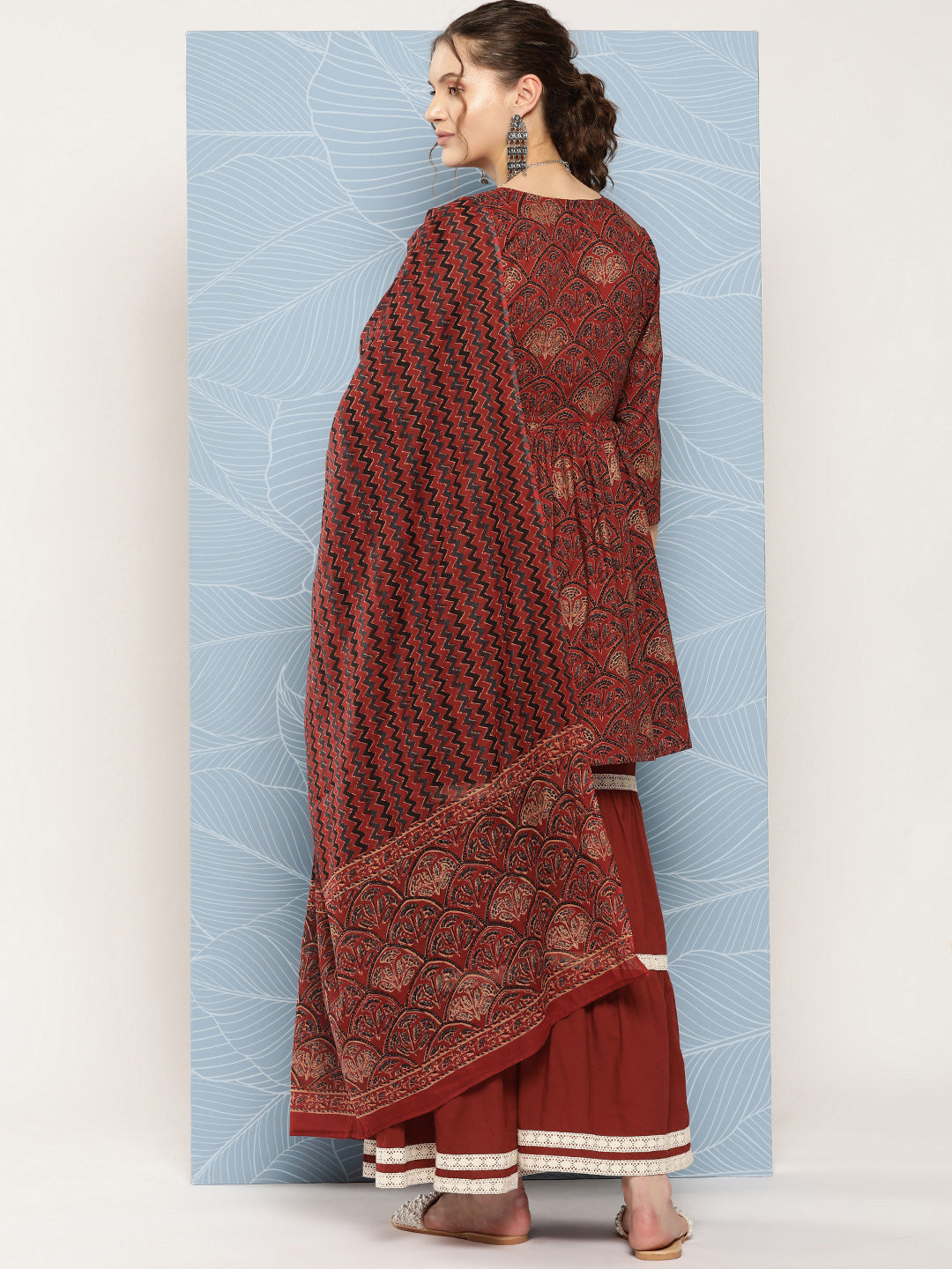 InWeave Women's Brick Rust Ajrakh Sharara Set With Dupatta - Swadesiicart