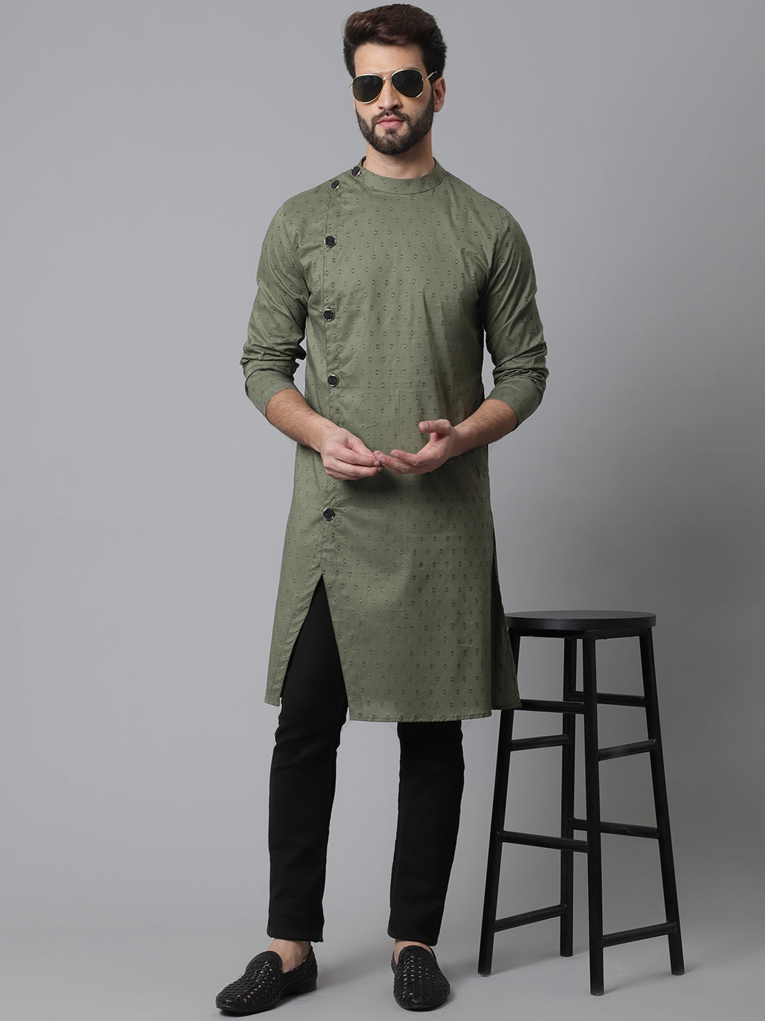 Even Apparels Green Sherwani Kurta With Asymetrical Cut | Swadesiicart