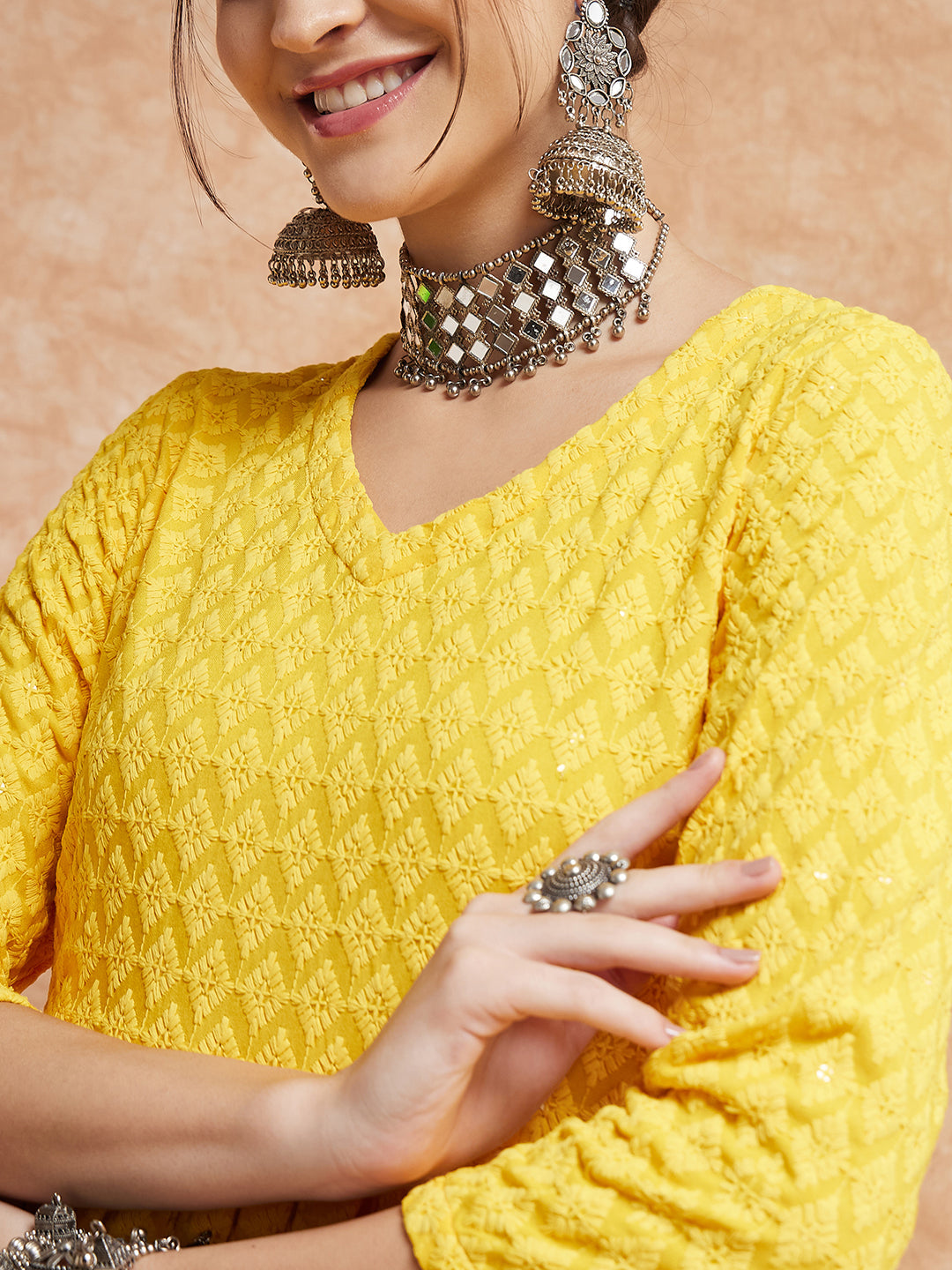 InWeave Women's Butter Yellow Chikankari Long Anarkali Kurta Sharara Set - Swadesiicart