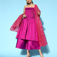 InWeave Purple Off Shoulder Silk Kurta Set -Pink Kota Bandhej Dupatta - Swadesiicart