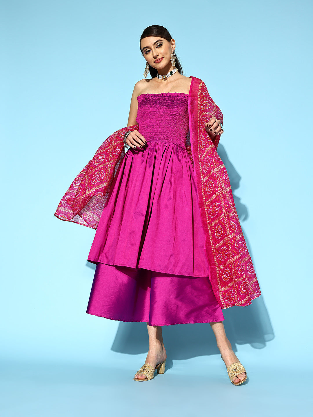 InWeave Purple Off Shoulder Silk Kurta Set -Pink Kota Bandhej Dupatta - Swadesiicart