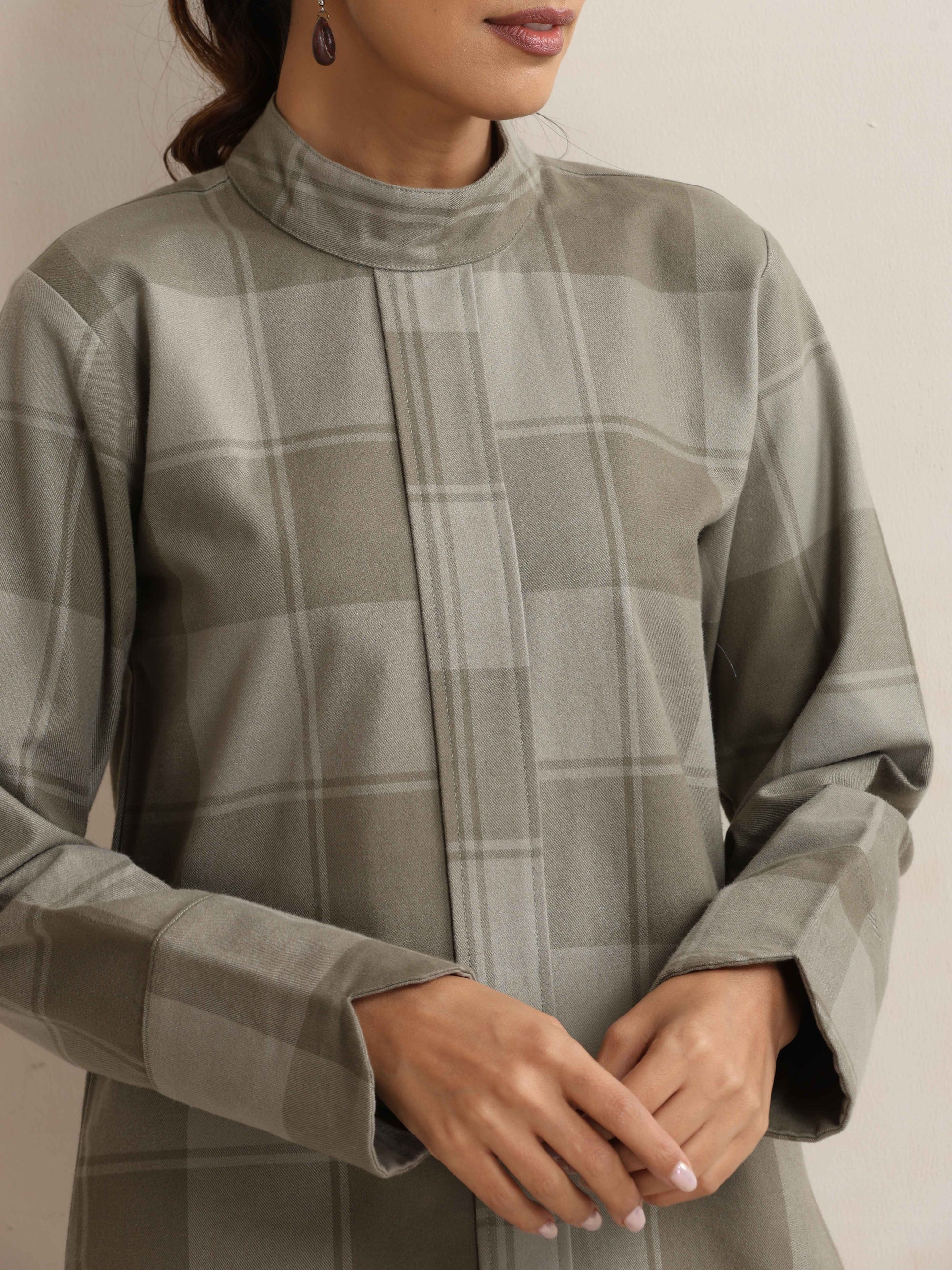 trueBrowns Green Check High Neck Winter Top | Swadesiicart