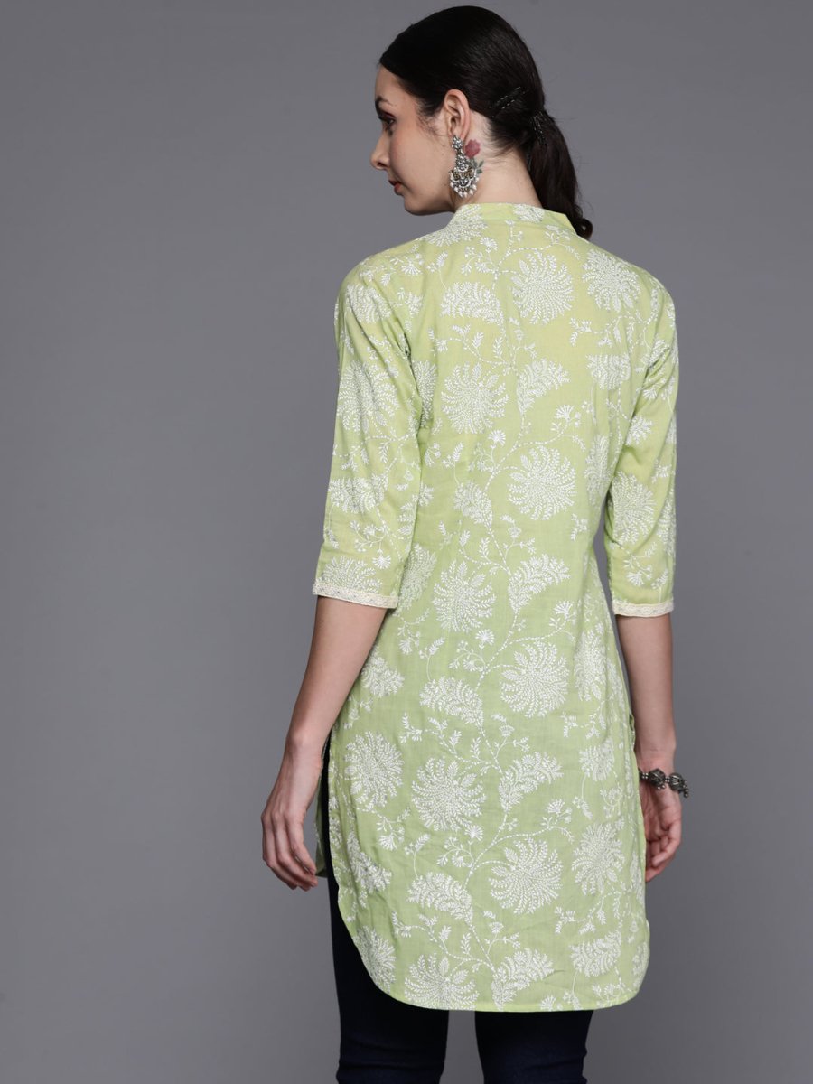 Ahalyaa Mandarin Collar Floral Printed Tunic with Lace Inserts Detail | Swadesiicart