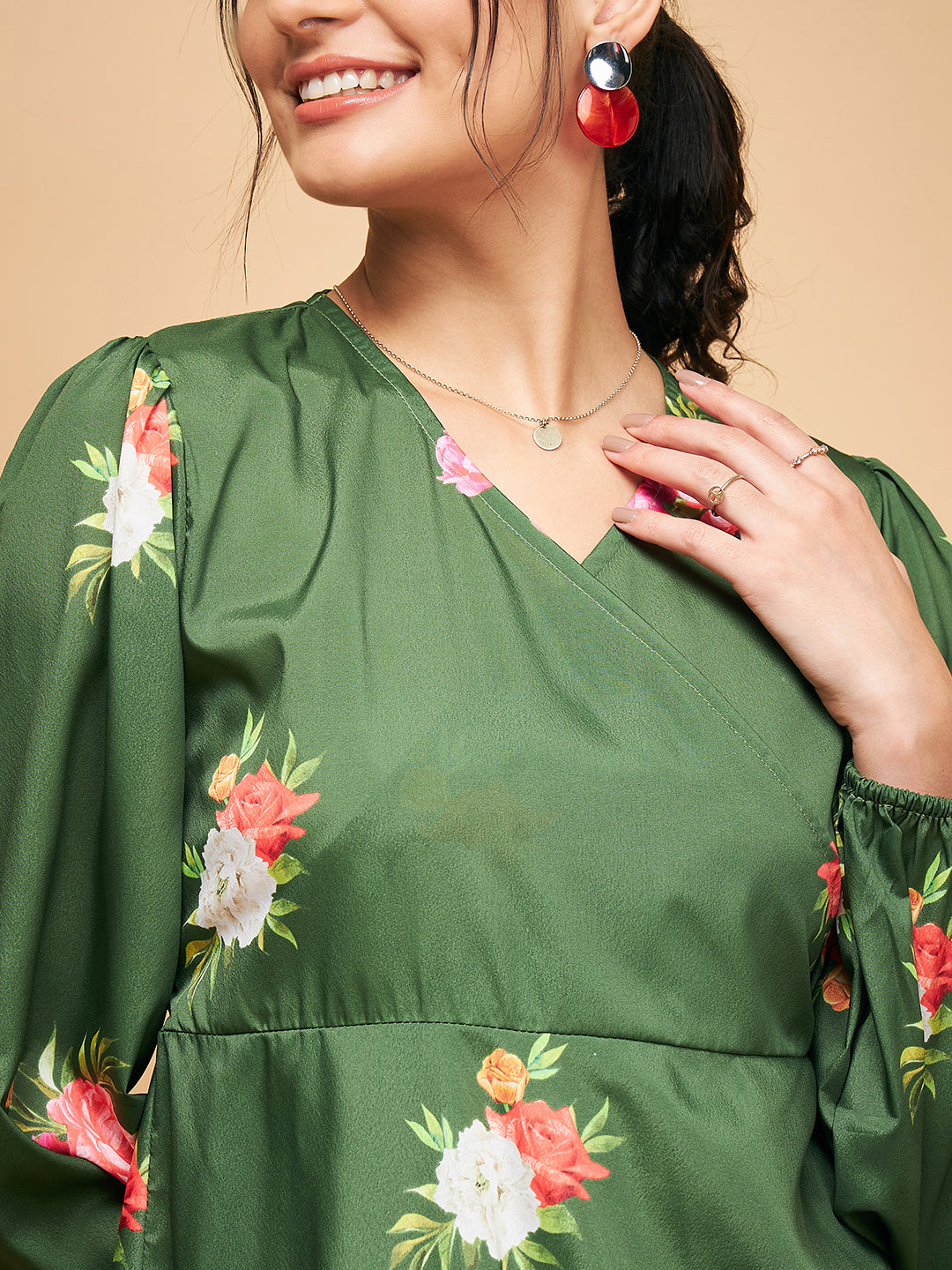 InWeave Women's Green Small Flower Belted Dress - Swadesiicart