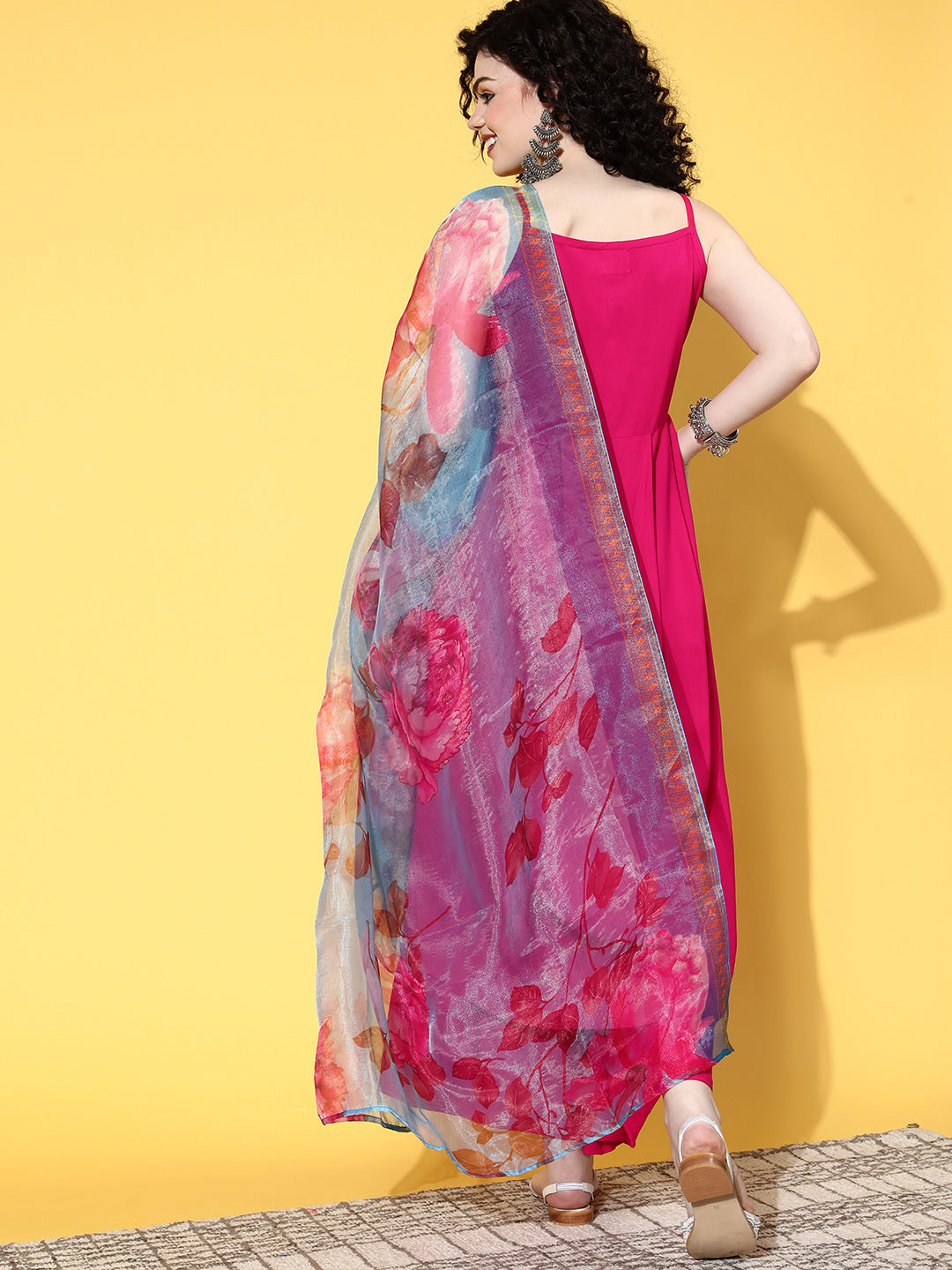 InWeave Strappy Set In Fuchsia With Blue Fuchsia Organza Dupatta - Swadesiicart