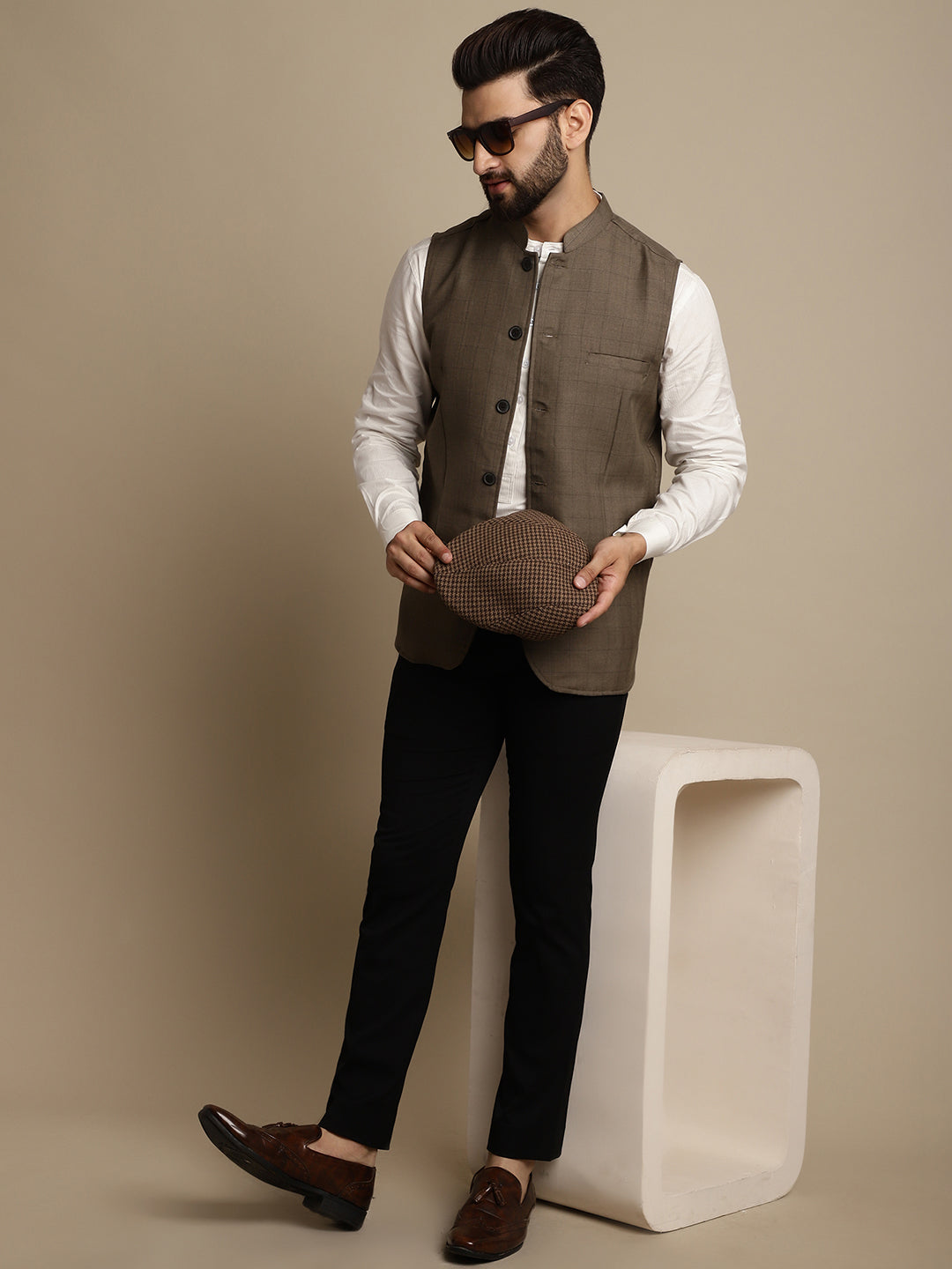 Even Apparels Men's Brown Mandarin Collar Waistcoat | Swadesiicart